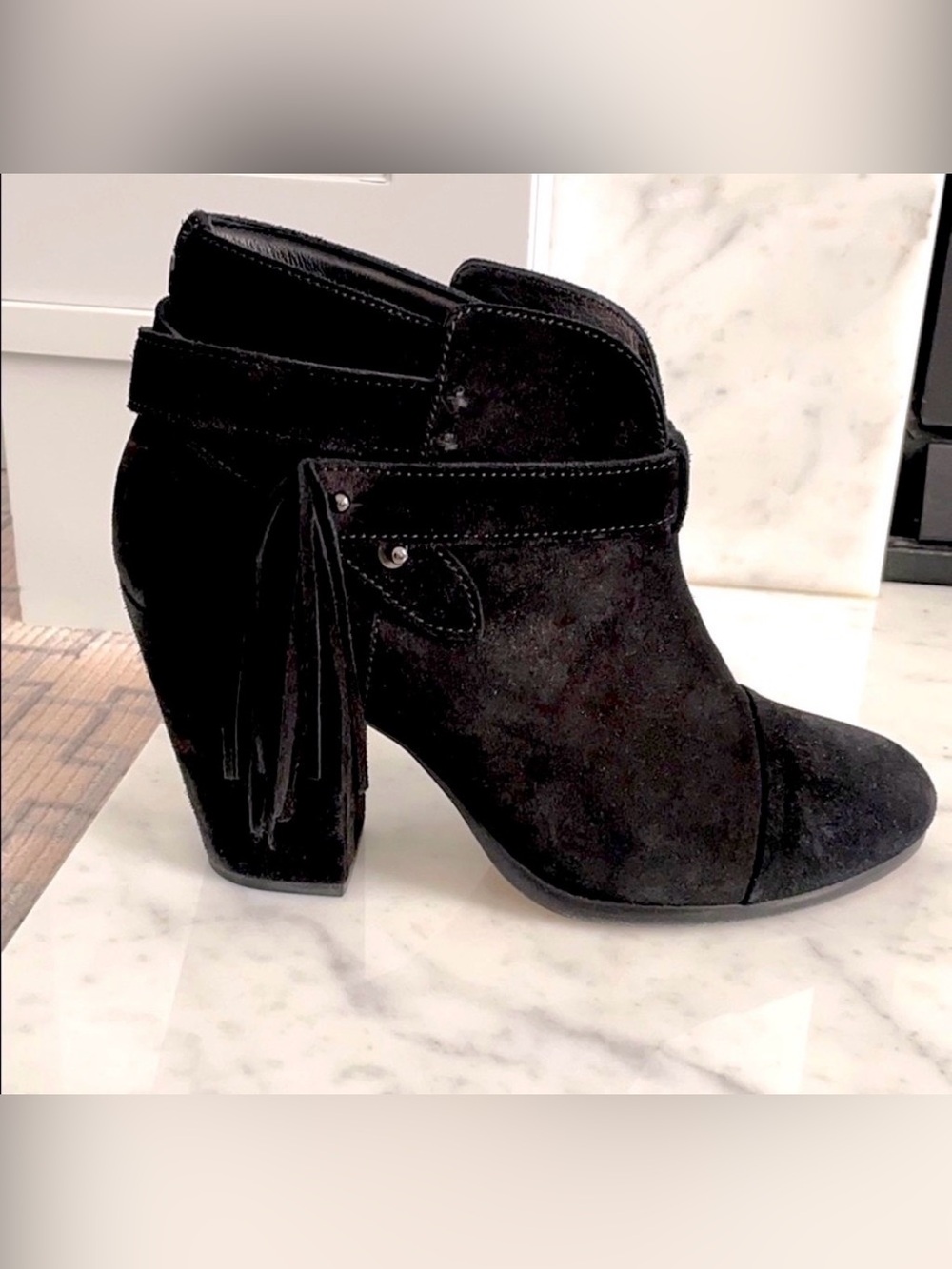 RAG & BONE “Harrow” Black Suede Fringe Ankle Western Booties